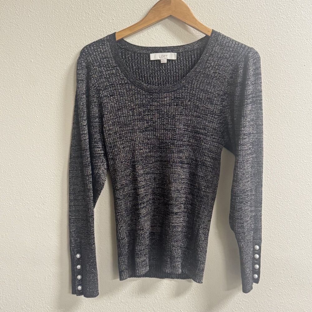 LOFT Charcoal Metallic Shimmer Knit Scoop Neck Top XXL